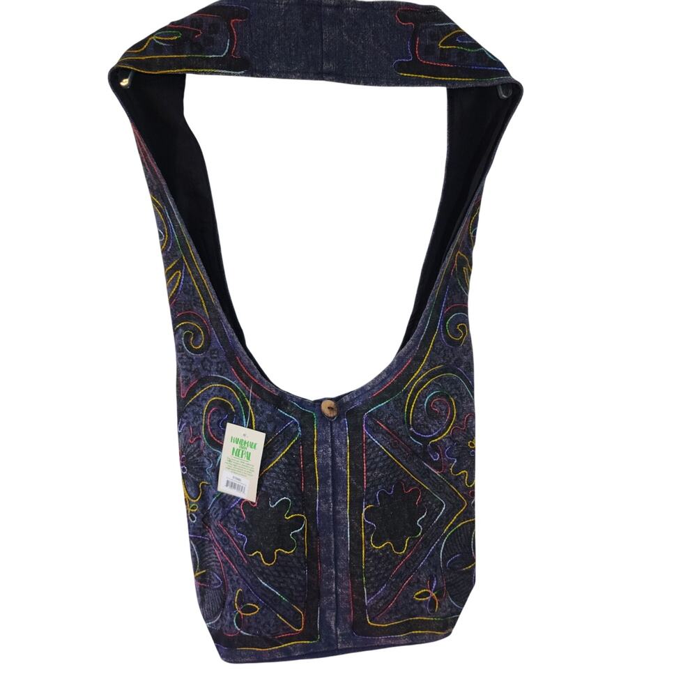 NWT Paths of Spirit Blue Stonewashed Embroidery Boho Tote Bag 12 x 15